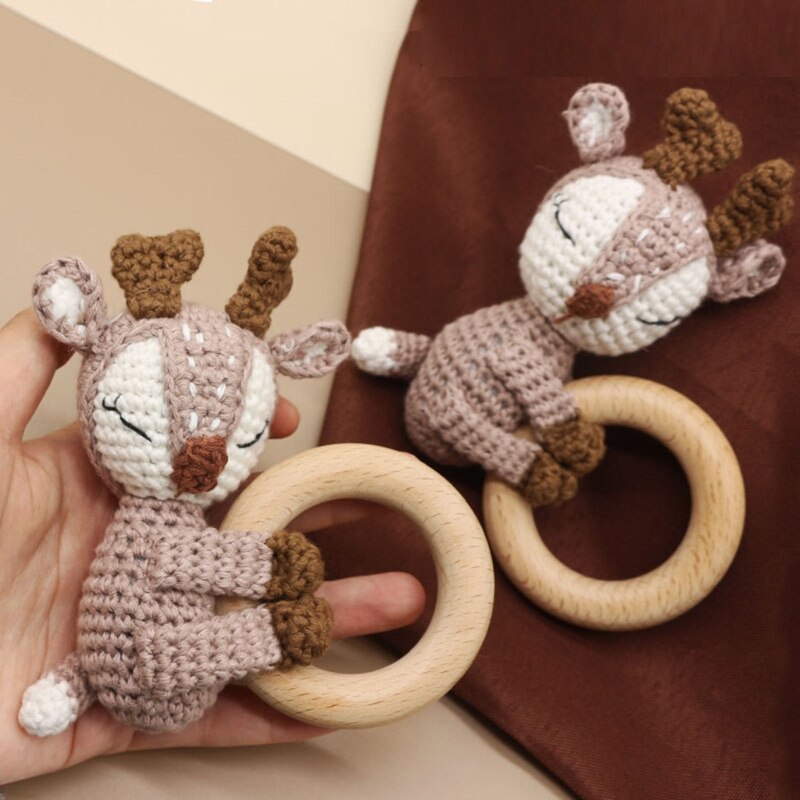 HUYU Baby Wooden Teether Ring DIY Crochet Animal Deer Elk Rattle Bracelet Infant Teething Nursing Soother Molar Toys