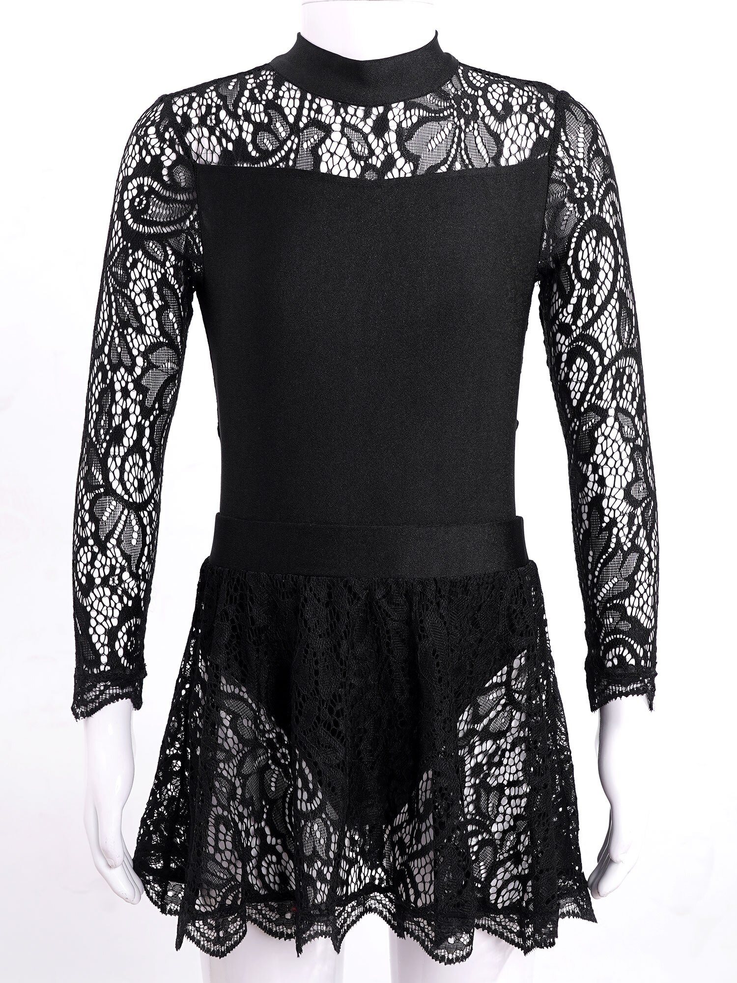 Kids Girls Stylish Dance Clothes Set Lace Hollow Long Sleeve Backless Leotards with Elastic Waistband Lace Ruffle Skirt