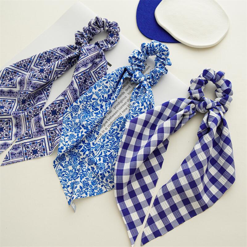 Blue Bowknot Scrunchies Hair Ribbon for Women Ponytail Scarf Plaid Printing Hair Band Girls Hair Fashion Ties Hair Accessories