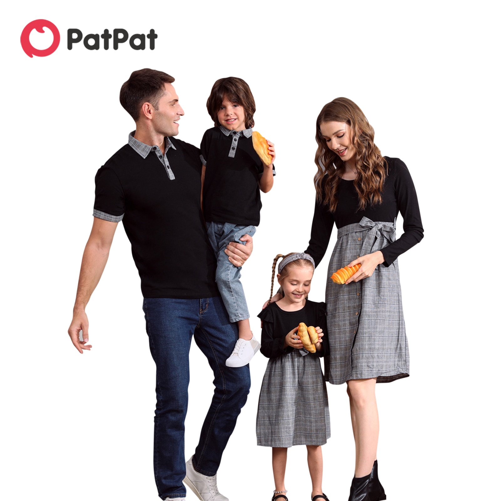 PatPat Plaid Splicing Black Long-sleeve Family Matching Sets(Dresses and Short-sleeve Polo Shirts)