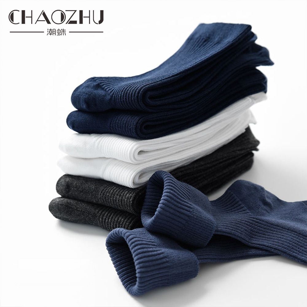 CHAOZHU Men's Business Socks Double Needles Rib Cotton Knitting Classic Black White Grey Navy Male Sock Daily Basic Commute