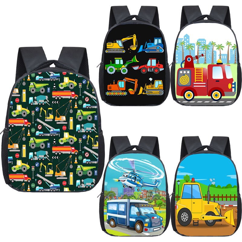 12 Inch Truck/Ambulance/Car/Excavator Print Backpack Boys Girls Rucksack Children Kindergarten Bags Cartoon School Bag Mochilas