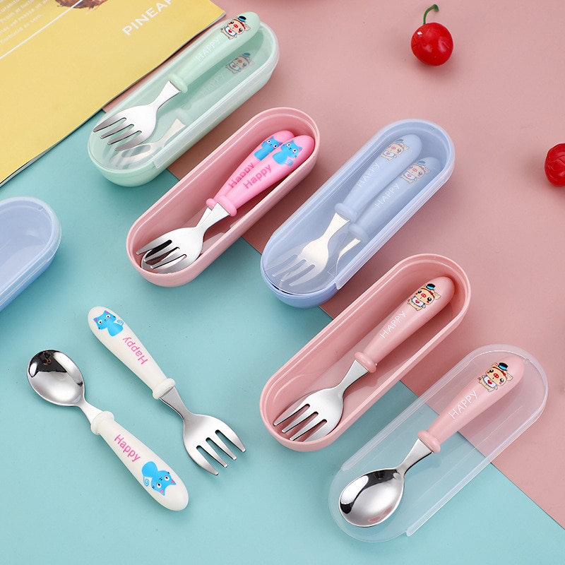 Baby Gadgets Tableware Set Children Utensil Stainless Toddler Dinnerware Cutlery Cartoon Infant Food Baby Feeding Spoon Fork