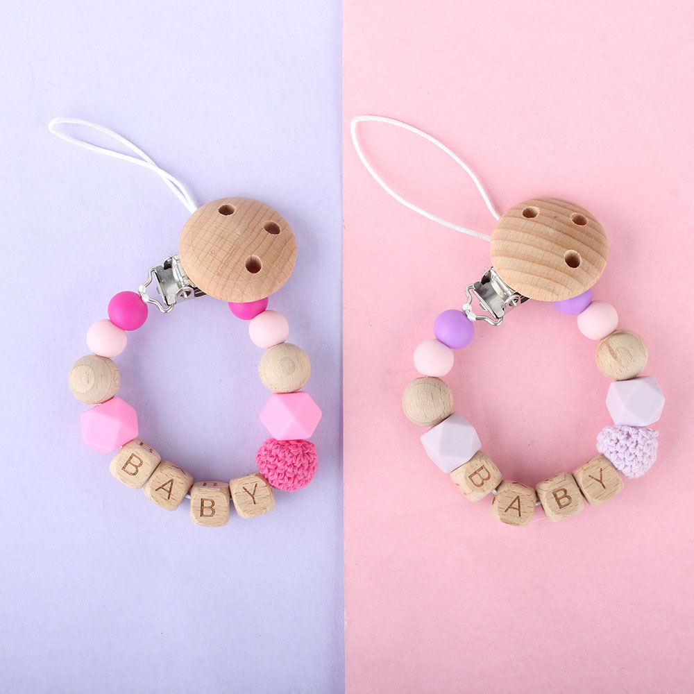 Silicone Pacifier Chain Baby Personalized Name Handmade Wooden Beech Food Grade Teething Teether Toy Dummy Pacifier Holder Clips
