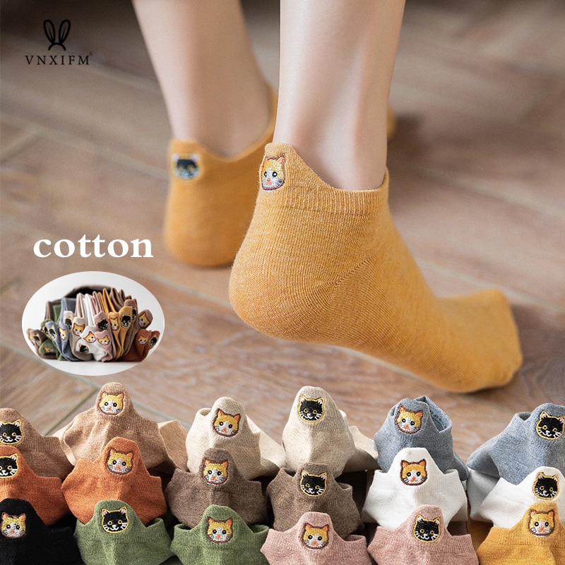 Spring cat meow heel embroidered boat socks female elastic casual fun ankle socks sweet student socks 4 pairs of cotton socks