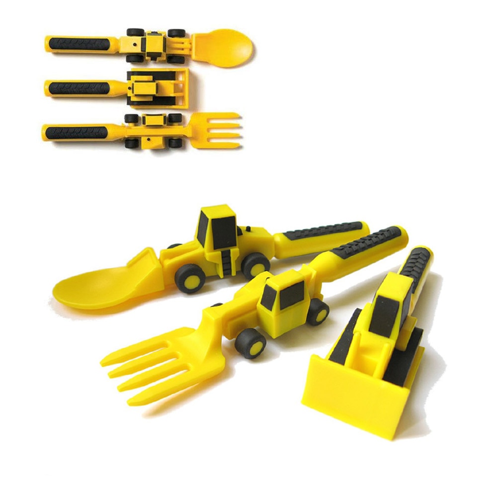 Children's Tableware 3Pcs Baby Food Utensils Constructive Eating Cutlery Set Infant Spoon Fork Excavator Shovel Kids Flatwa