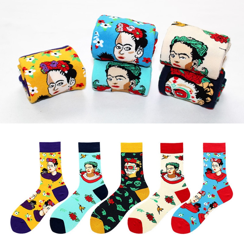 Women Socks Skateboard doodle painting Plant Kawaii Funny Happy Casual Female Cotton Hosiery Streetwear Skate Harajuku pink