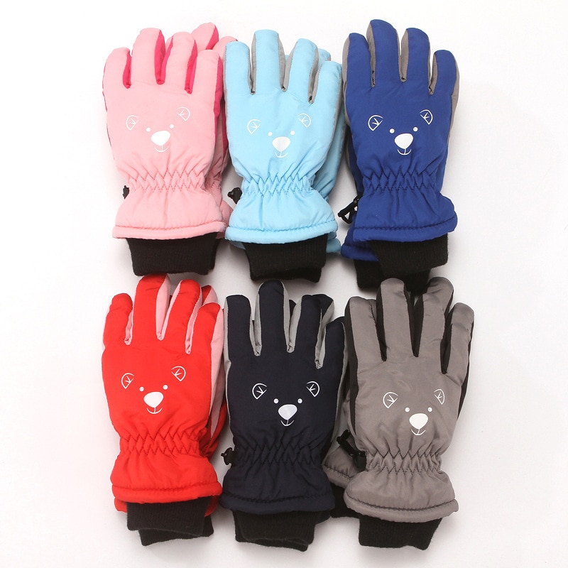 Kids Winter Waterproof Snow Gloves Solid Color Fleece Cartoon Ears Thermal Insulated Windproof Sport Ski Warm Mittens 3-6 Years