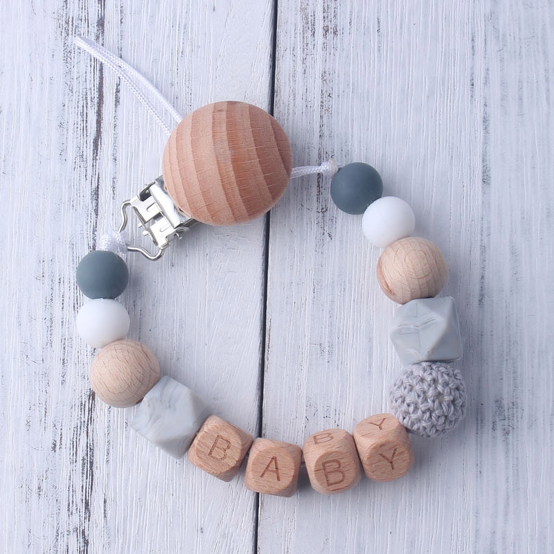 Handmade Free Personalized Name Silicone Wood Pacifier Clips Safe Teething Chain Baby Teether Eco-friendly Dummy Clips Holder