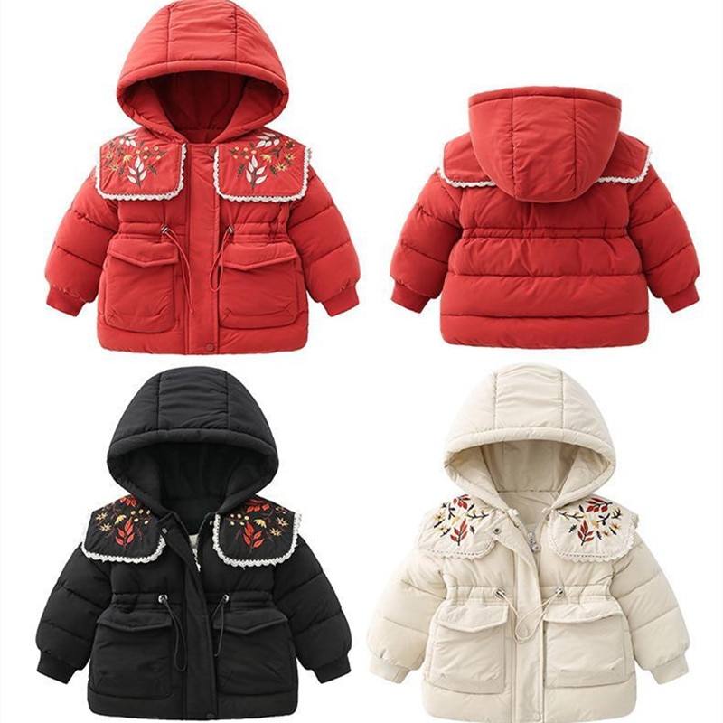 2021 New Girls Cotton-padded Jacket Baby Korean Style Plus Velvet Coat Children's Hooded Padded Jacket