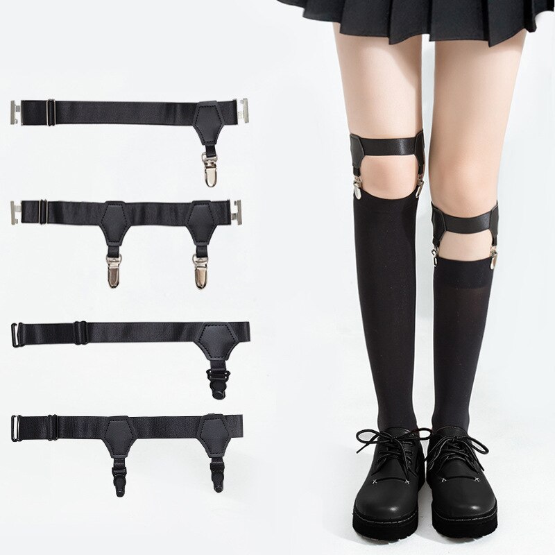 2pcs Black Sock Garters for Women Girl JK Japanese Style Adjustable Elastic Non-Slip Clip Sock Garter Holder Belt Leg Suspenders