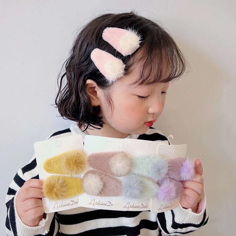 2Pcs/Set Pompom Baby Hair Clips Handmade Hairpins For Girl Floral Barette Child Hooks Kids Princess Accessories Spring BB Clip