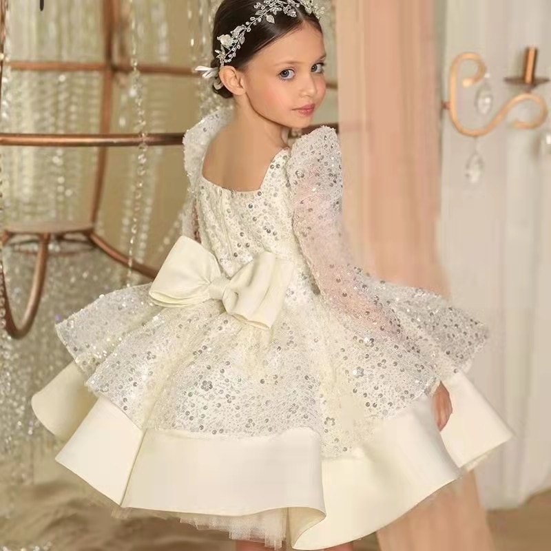 White Baby Girl Birthday Dress Crystals Fluffy Flower Girl Dresses For Weddings Kids Princess Ball Gown Baptism Baby Girl Dress