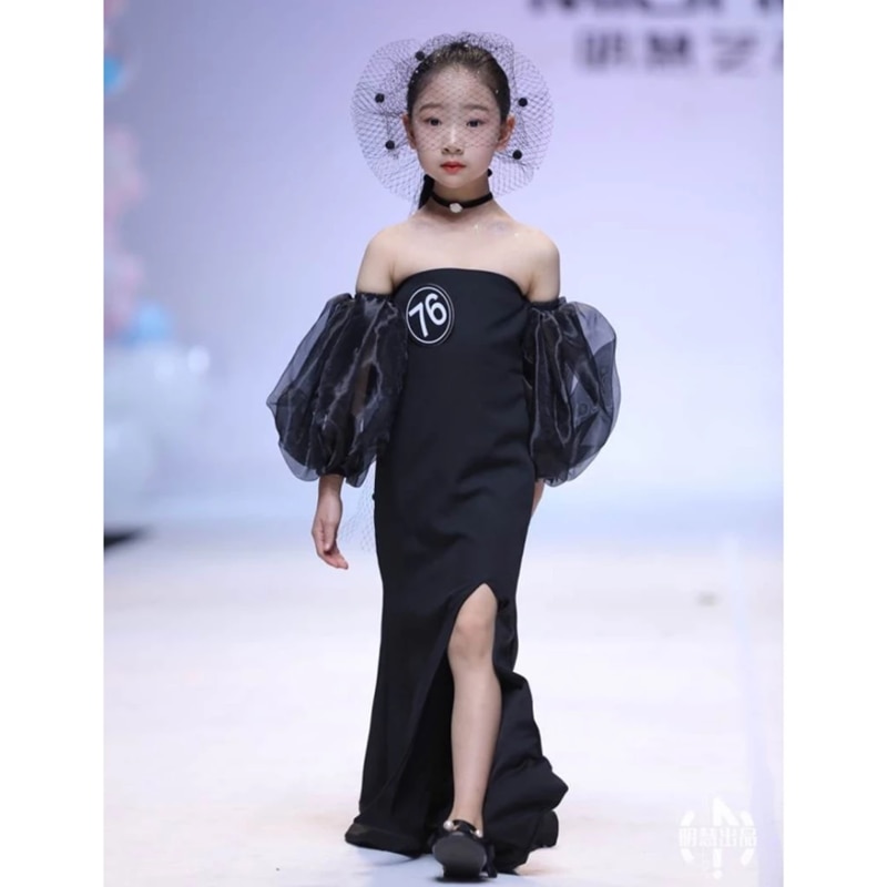 Elegant Children's Dress Black Shoulderless Princess Girl Birthday Dress White Age for 3- 14 Yrs Teenage Girls Party Dress 
