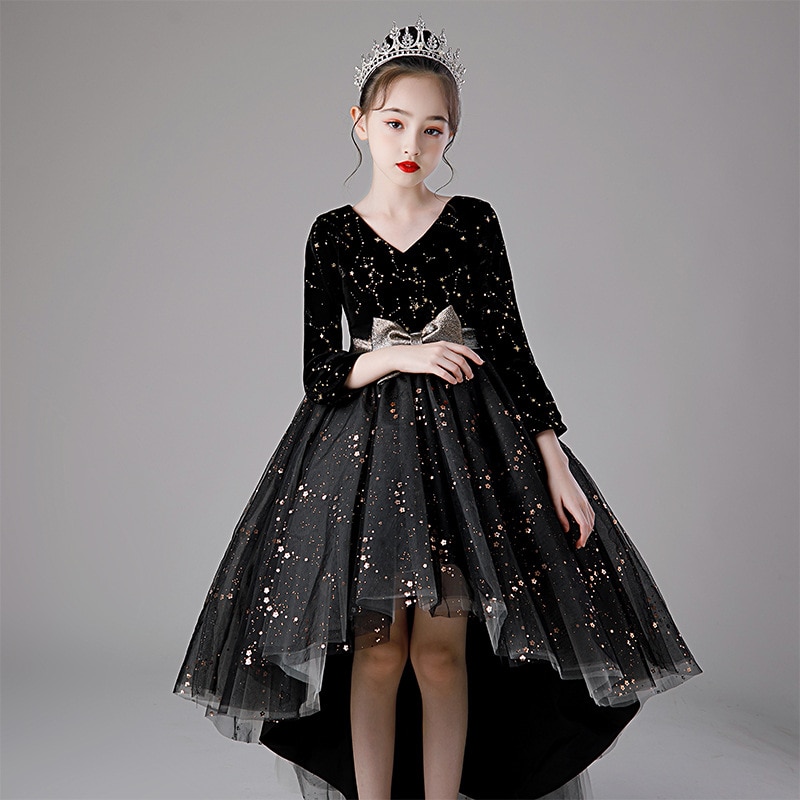 Kids V Neck Dress Girl Elegant Long Prom Black Tulle Gowns Children 8 Grade Graduation Dress Baby Dress Birthday Evening Dress
