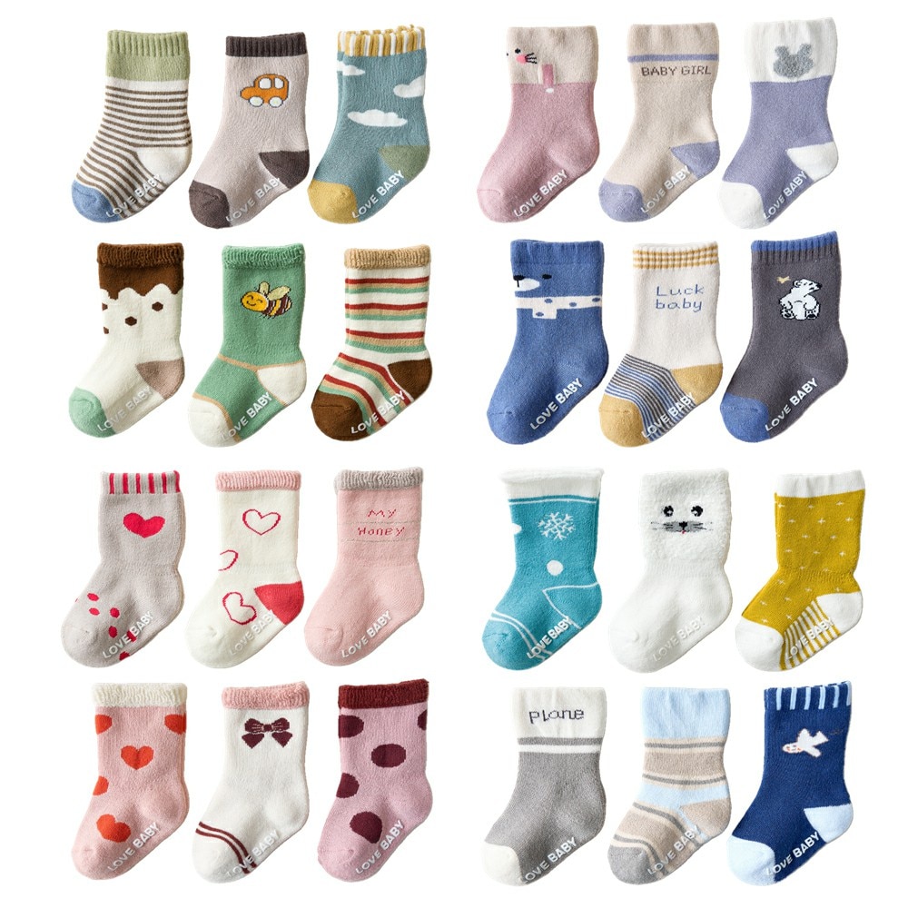 3 Pairs/Lot Baby Socks Cartoon Children Toddler Socks Terry Thickened Warm Socks Cotton Newborn Anti-Slip Socks Kids Socks