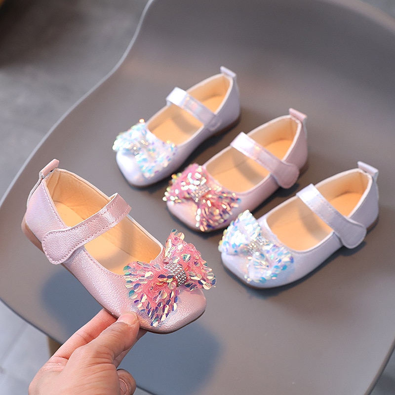 Silver Pink Bowknot Princess Shoes Soft Bottom Girls Shoes For Wedding Party Girl's Single Shoes Chaussure Fille 1 2 3 4 5 