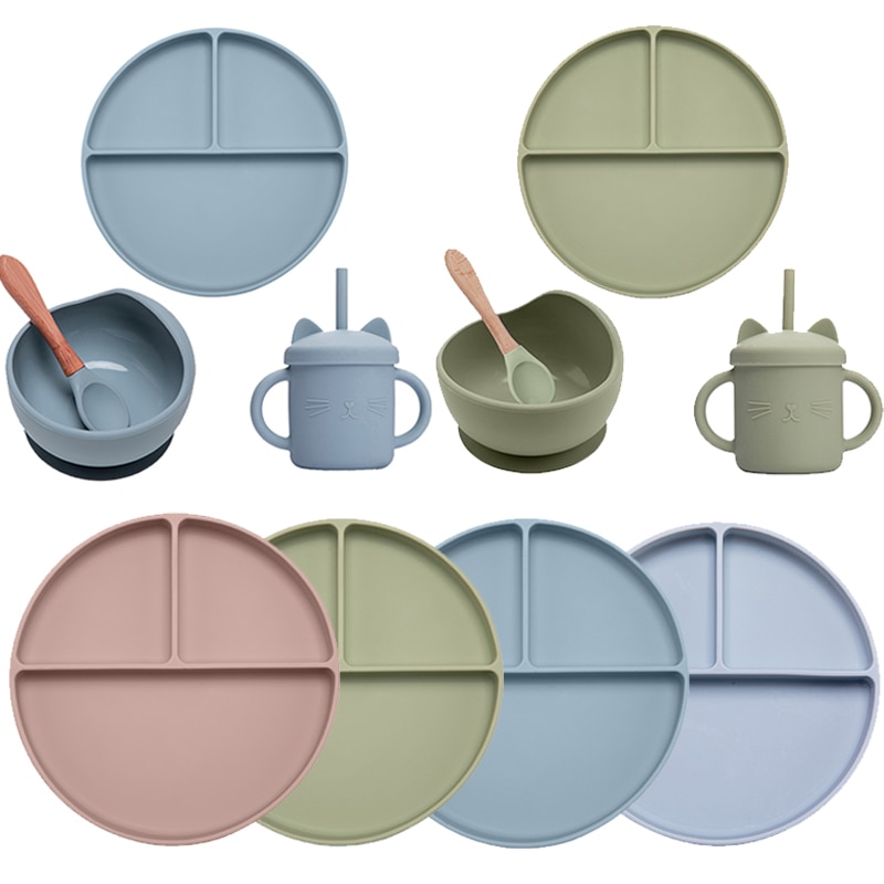 4Pcs Baby Silicone Dining Plate BPA Free Food Grade Children Dishes Suction Toddle Training Tableware for Silicone Fork Spoon