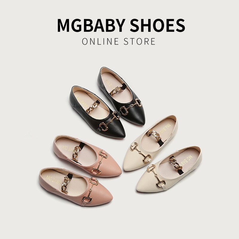 2022 Spring New Soft Chic Princess Leather Shoes Retro Metal Chains Cute Pointed-toe Flat Shallow Mary Janes Kids Fashion Solid
