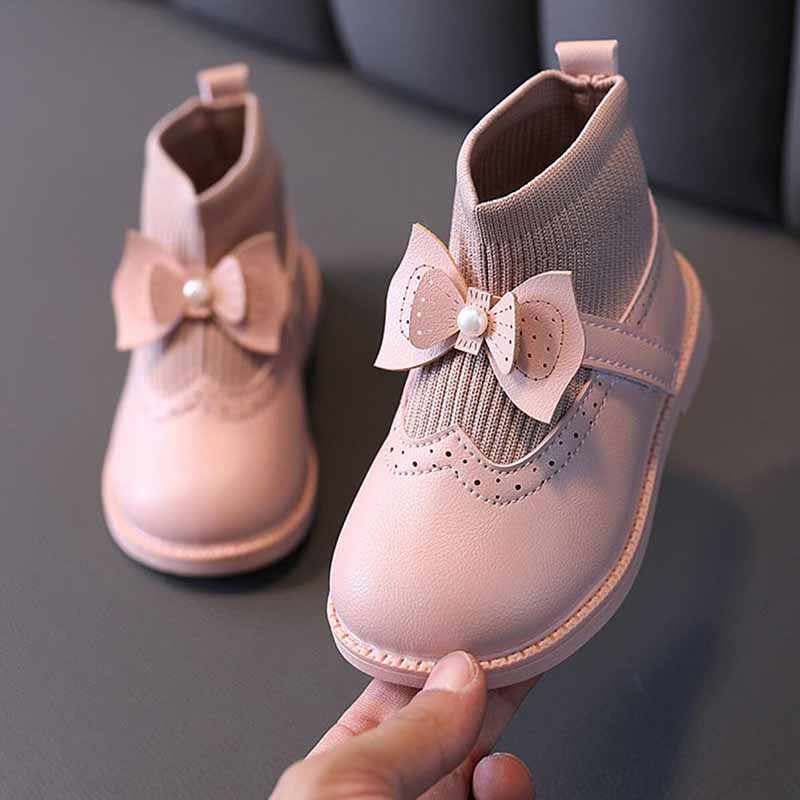 Spring Girls Children's Mary Jane Shoes Toddler Baby Kids Socks High Top Bowtie Princess Leather Shoes chaussure fille New 