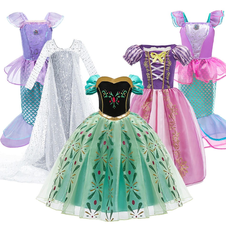 Kids Princess Costume Girls Elsa Anna Carnival Dress Pageant Birthday Party Clothes Children Rapunzel Mermaid Ariel Fancy Dress