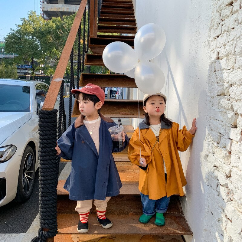 2022 Fashion children new design trench jackets unisex loose turn-down collar mid -length Wind Coat