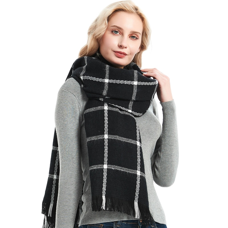 CHENKIO Women's Fashion Scarves Long Shawl Winter Thick Warm Knit Large Plaid Scarf Luxury Female Scarf Wrap Tassel Shawl W