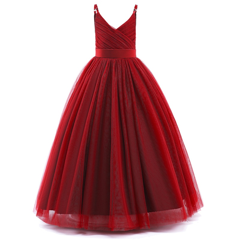 Cute Girls Red Princess Dress Children Bridesmild Long Robe Clothes Kids Birthday Party Vestidos Flower Girl Dresses For Wedding