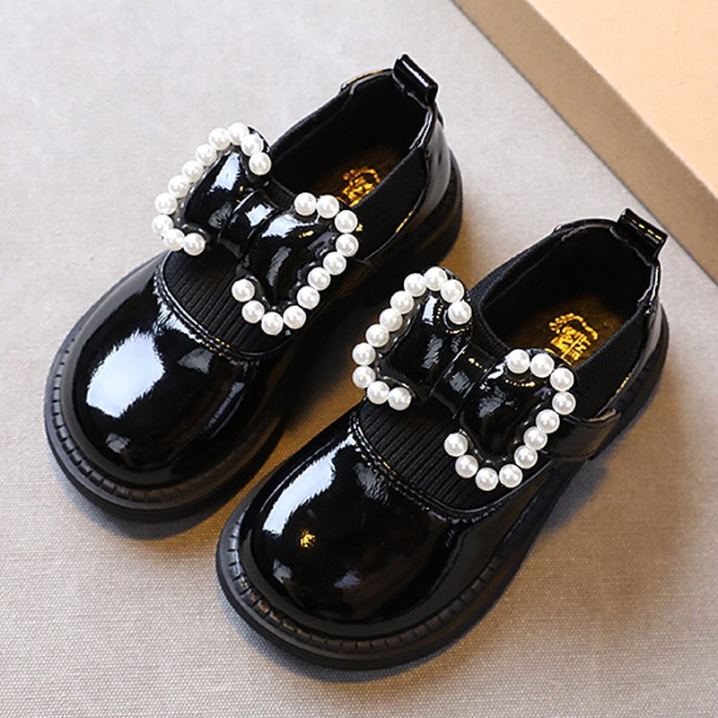 1-10y Children's Bow Pearl Party Leather Shoes Autumn New Girls' Non-slip Baby Flats Fashion Stitching Princess B10