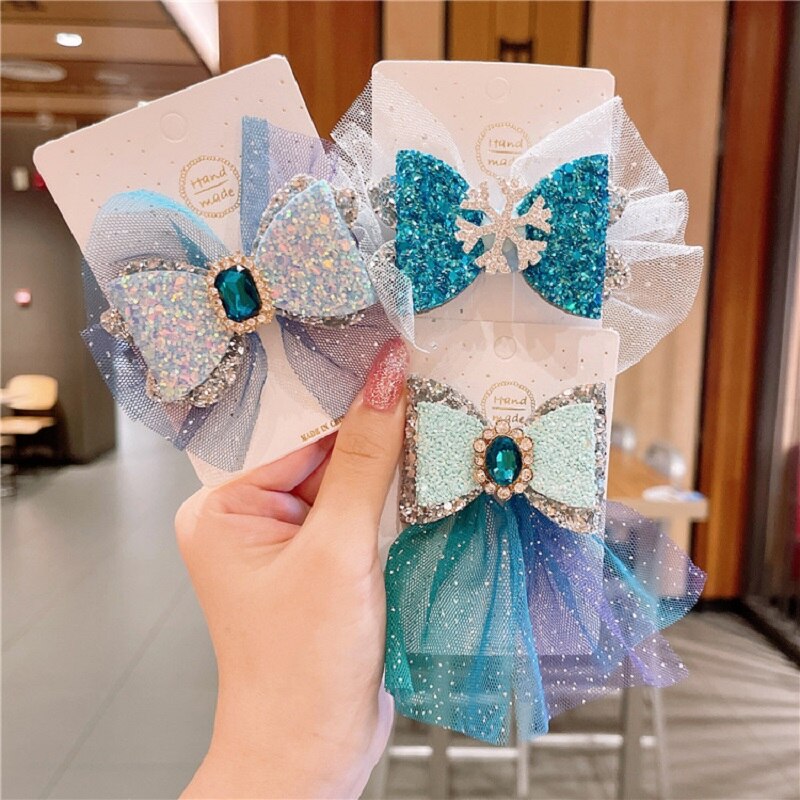 2PCS Frozen Children's Hairpin Hair Accessories Mesh Bow Cute Princess Aisha Headdress Snowflake Baby Hairpin