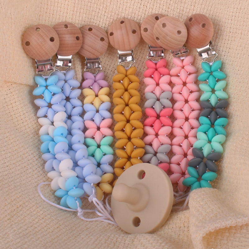 Baby Silicone Petal Pacifier Chain Comfort Food Grade Chew Teething Rainbow Bead Beech Dummy Chain Holder Soother Chain Clips