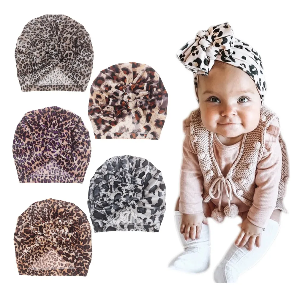 Yundfly 1pcs Baby Soft Leopard Turban Beanies Hats Infant Hospital Hat Newborn Frizzle Bow Ties India Headwrap