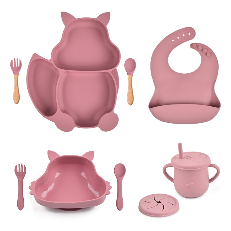 4/6/8 PCS Baby Soft Silicone Sucker Plate Squirrel Bowl Cup Bibs Sets Cute Animal Non-slip Tableware Kid's Feeding Dishes N
