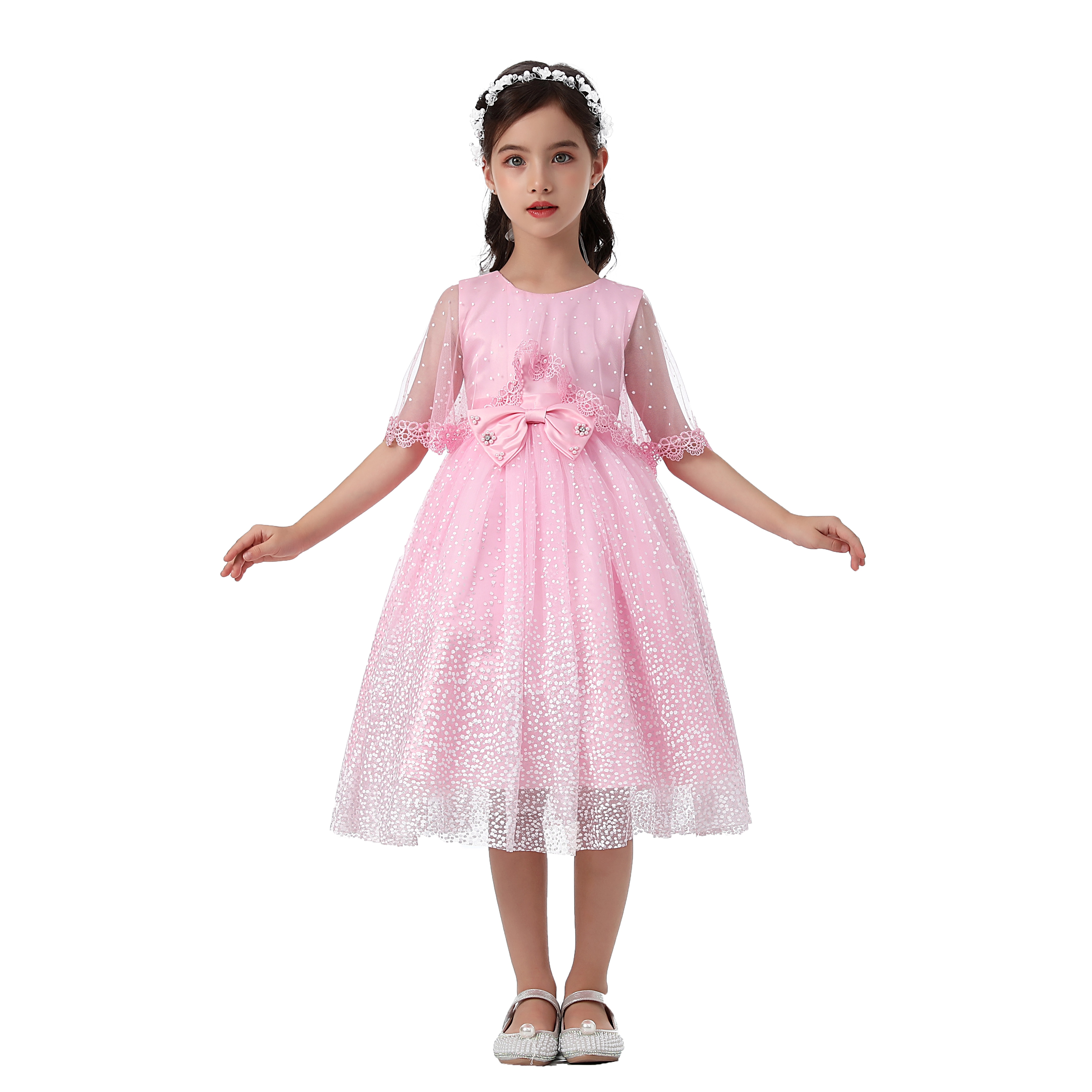 2021 New lace shawl polka dot snowflake bow girl knee-length princess piano party costume dress