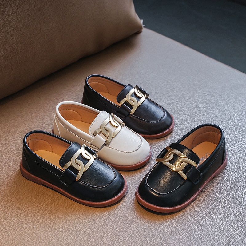 British Loafers 2022 New Britain Girls and Boys Leisure Black Retro Metal Children Solid Lazy Shoes PU Soft Flat Casual Shoes
