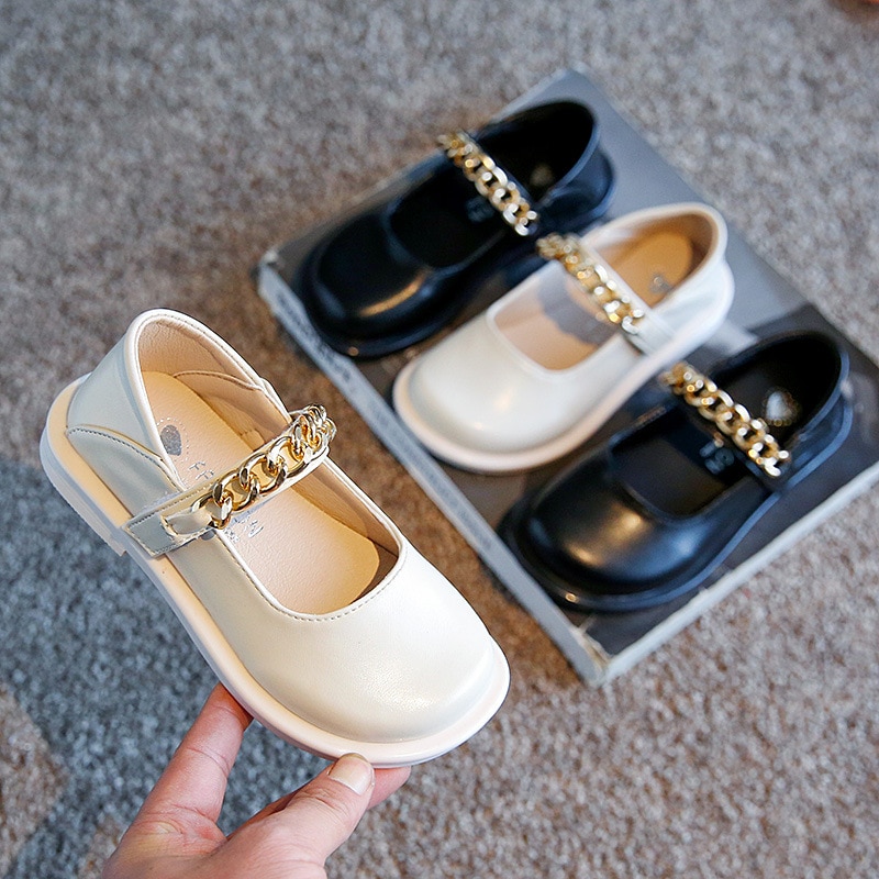 Flat Mary Jane Small Leather Shoes Princess Shoes 2022 New Spring Girls with Chains Chic Solid White Party Shoes Kids Fashion