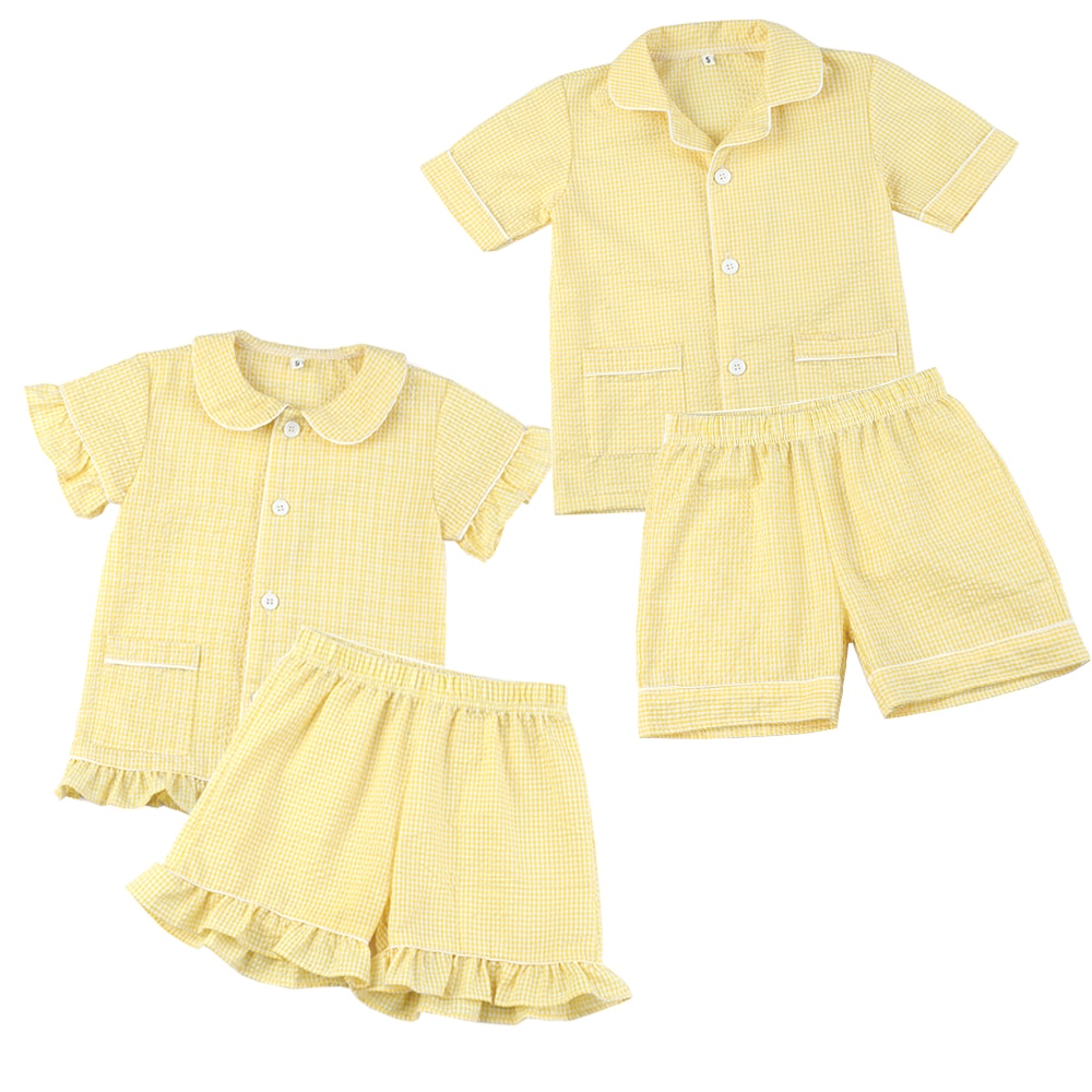 Sleepwear girls kids custom pajamas summer seesucker Lemon gingham short sleeve Easter pyjamas set