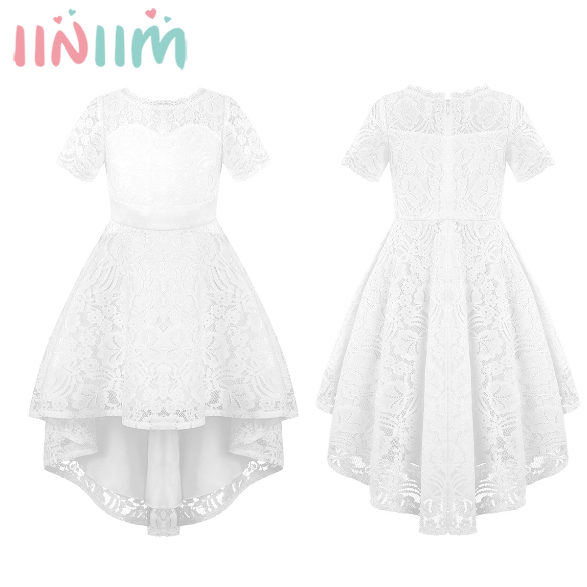 4-14Y Kid Girl Elegant Lace Party Dress O-neck Short Sleeve Solid Dresses Birthday Prom Stage Performance Costume Tutu Dancewear