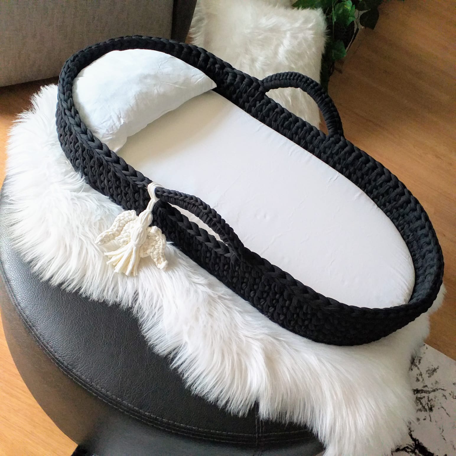 Jaju Baby Moses Basket Bottom opening Black Knitted Stroller, newborn baby basket, baby basket, handmade baby knitting basket