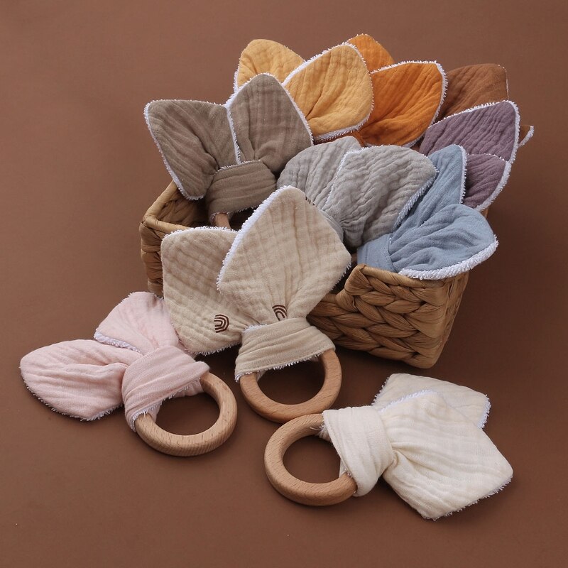 HUYU Baby Natural Wooden Teether Ring BPA Free Wood Pain Relief Teether Soft Cotton Rabbit Ears Teething Chewing Appease Toy