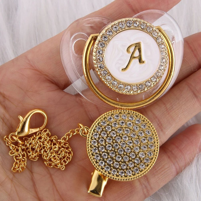 Transparent 26 Letter Names Initial Letter Luxury Baby Pacifier with Chain Clip Newborn BPA Free Dummy Soother For 0-12 Months