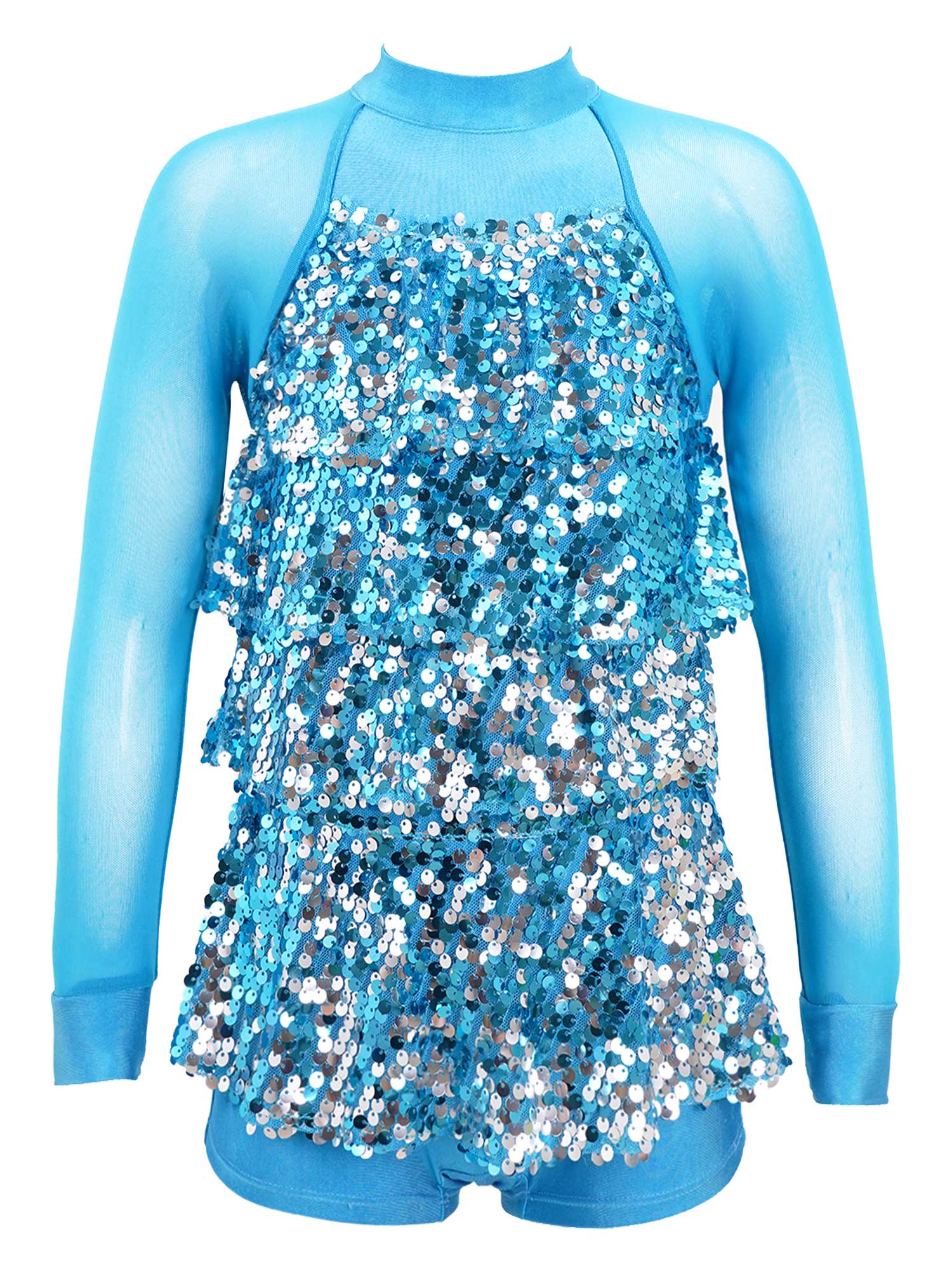 Kids Girls Stylish Clothing Mesh Long Sleeve Round Neckline Patchwork Style Sparkling Sequins Backless Dance Dress