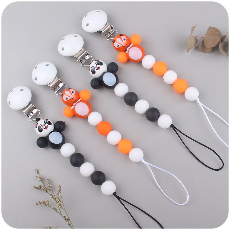 Cute Panda and Fox Wood Newborn Baby Infant Pacifier Chain Dummy Nipple Holder Clips
