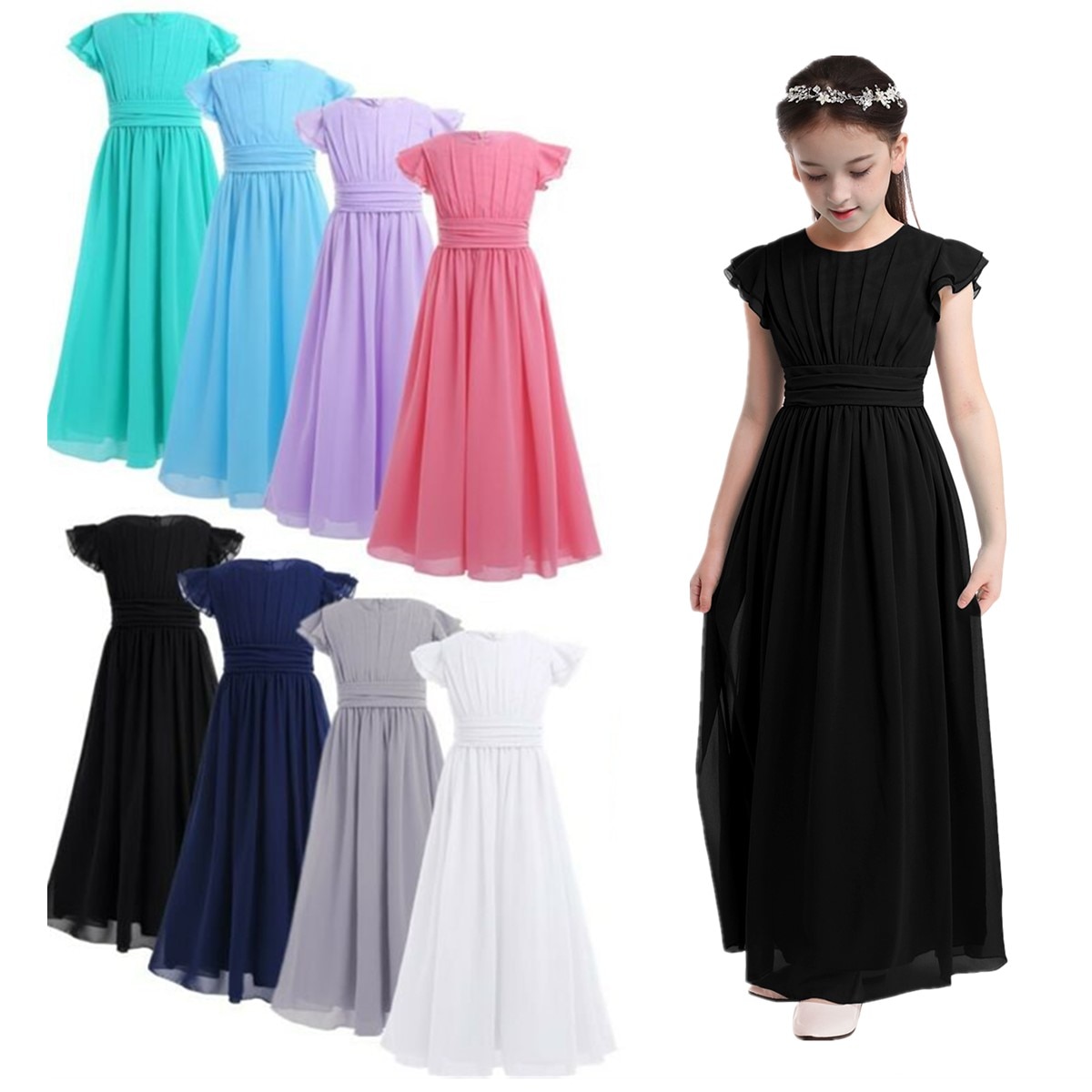 Kids Flower Dress For Girls Flutter Sleeves Pleated Chiffon Long Dress Pageant Party Bridesmaid Summer Dress Childrens Clothing