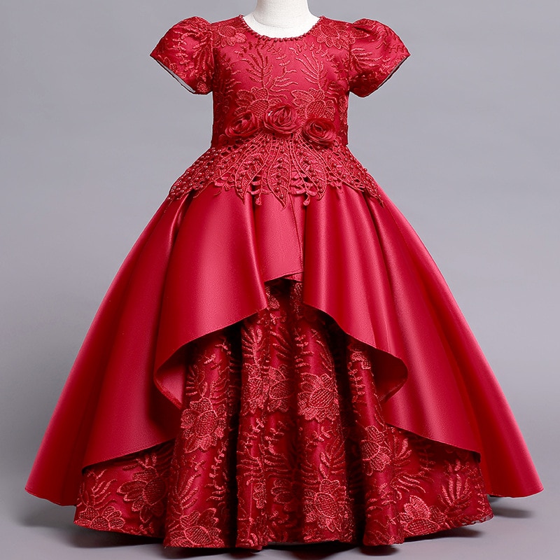 Dresses For Girls Children Solid Long Satin Embroidery Wedding Party Birthday Evening Clothing Host Performance Costume 4-12 Age
