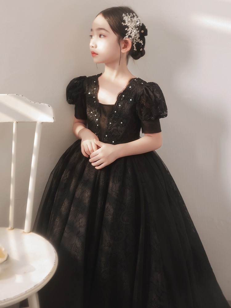 Black luxury children's Birthday party Dress Elegant Long Formal Evening Gown for Girls ceremony Kids Prom Graduation Dress