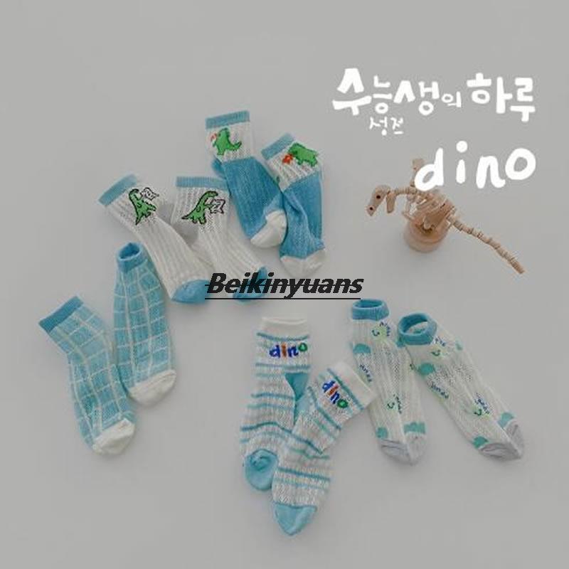 Children's socks summer breathable cartoon dinosaur silk mesh socks checkered striped sock