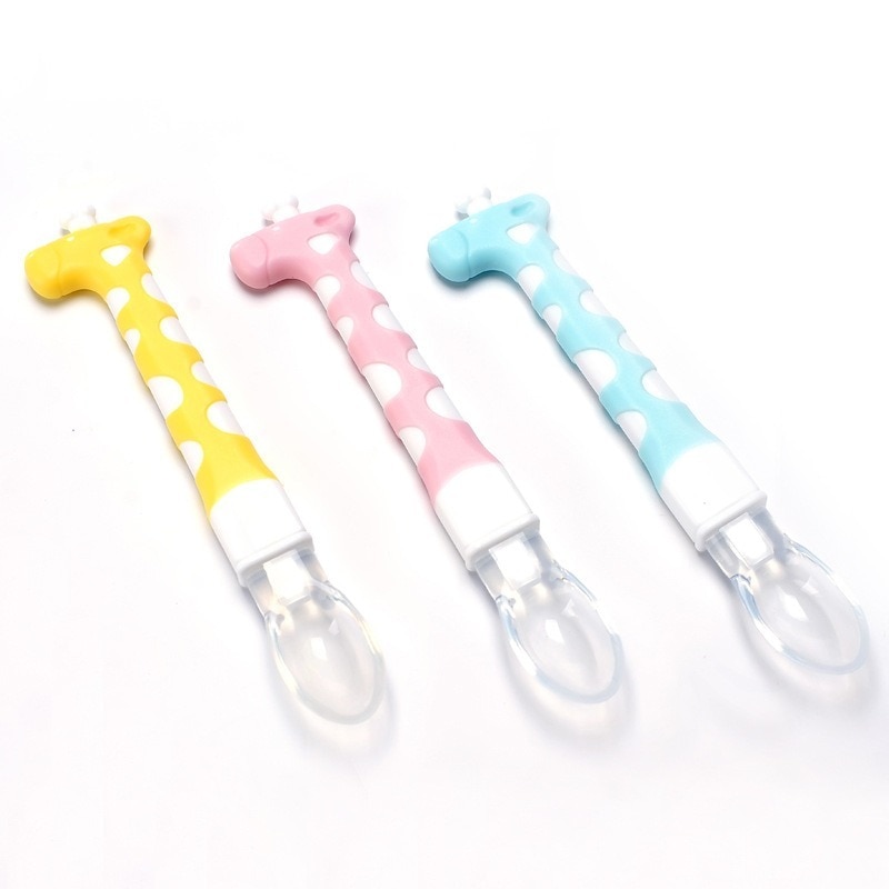 Cartoon Giraffe Handle Baby Spoon Safety Silicone Infant Feeding Spoon Tableware Food Grade Cartoon Animal Toddler Baby Spoon