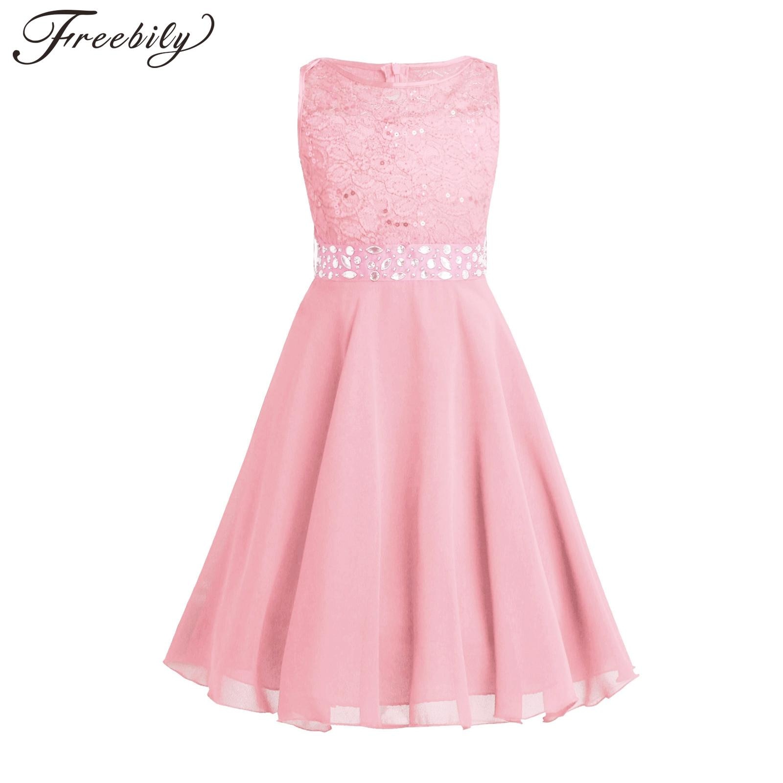 Chirldren Girls Sequined Lace Chiffon Sleeveless Flower Girl Dress Princess Pageant Wedding Bridesmaid Birthday Party Dress