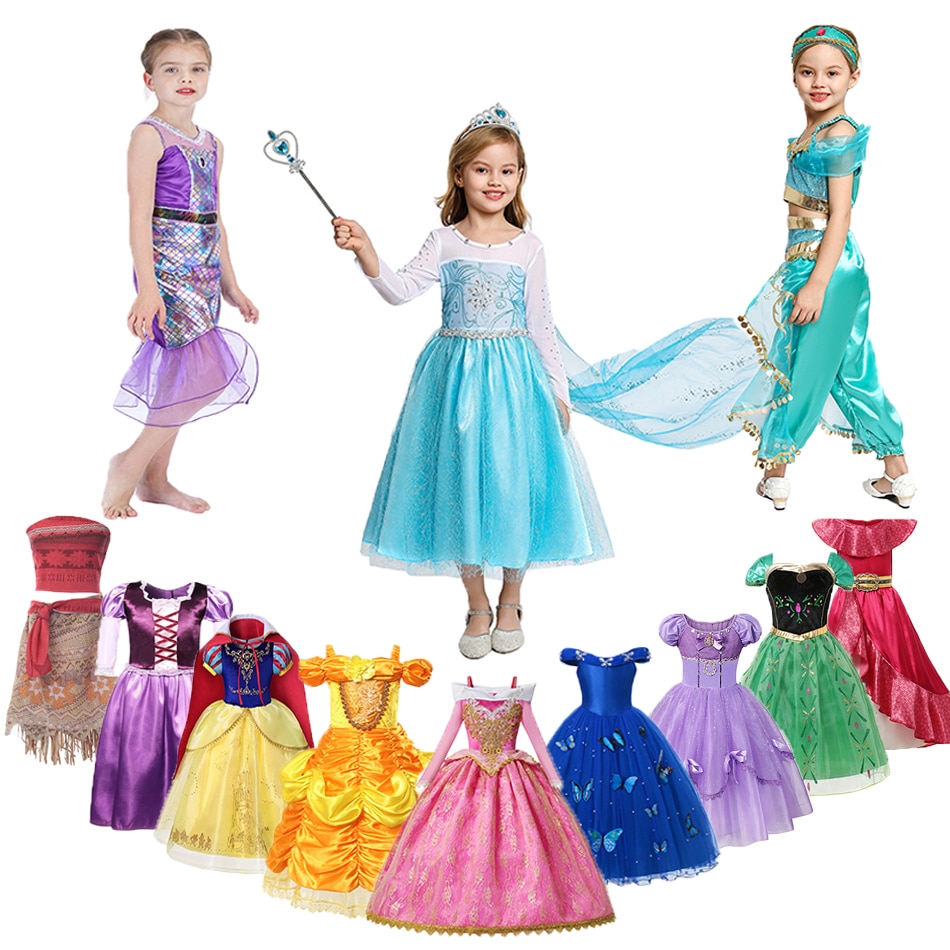 Disney Jasmine Belle Ariel Pricess Cosplay Costume For Girls Frozen Anna Elsa Short Sleeve Fancy Dress Birthday Party Vestidos